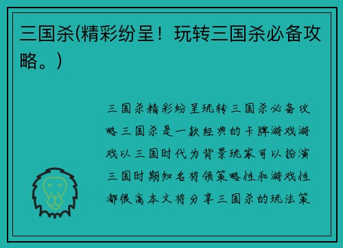 三国杀(精彩纷呈！玩转三国杀必备攻略。)